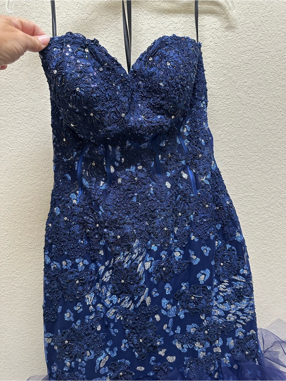 Jovani Strapless Navy Beaded Lace Evening Gown